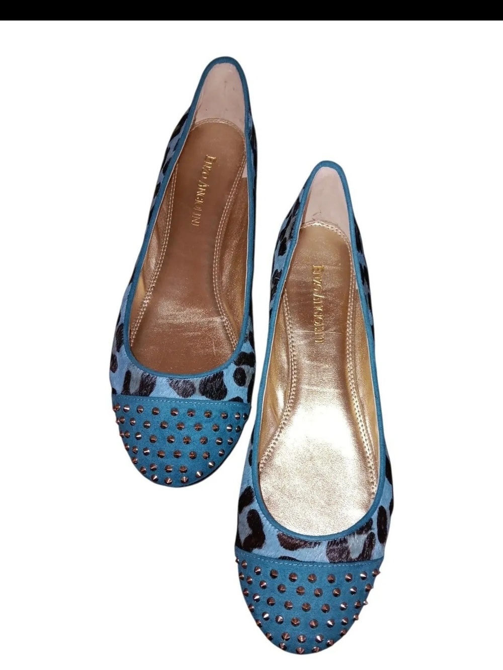 #76 Enzo Angiolini Blue Leopard-Print Studded Ballet Flats